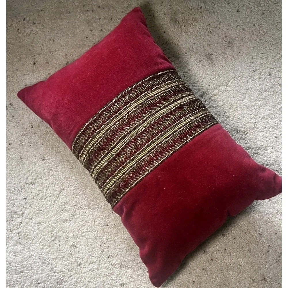 Pier 1 Lumbar Accent Pillow Burgundy w/ Gold & Red Beaded Decor